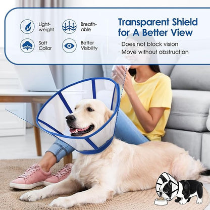 SUNFURA Dog Cones - Cone for Dogs to Stop Licking, Soft Dog Recovery Cone Collar with Detachable Clear Shield, Adjustable E-Collar Alternative for Medium Dogs, Blue Medium