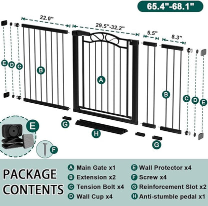 Fairy Baby 65.4"-68.1" Extra Wide Baby Gate with Door, 66 67 68 Inches Walk THR Baby Gates for Stairs Pressure Mounted no Drill, Indoor Tension Metal Child Pet Dog Safety Gate for Kids, Black