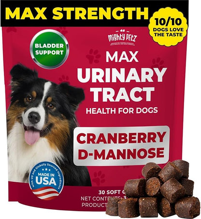 Mighty Petz MAX Cranberry for Dog UTI Treatment - MAX Strength Cranberry Supplement for Dogs + D-Mannose. Bladder Control for Dogs. Urinary Tract Care & Kidney Support Chews