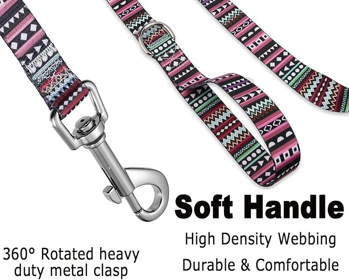 Mihqy Dog Collar and Leash Set with Bohemia Floral Tribal Geometric Patterns - Soft Ethnic Style Collar Adjustable for Small Medium Large Dogs(Bohemian Purple Set,XS)