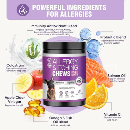 Dog Allergy Chews 200ct - Dog Allergy Itching Skin Relief Immune Support Anti Itch Probiotics for Yeast, Itchy Skin and Itchy Ears, Vitamins for Seasonal Allergies Itchy Skin Gut Health,Peanut Butter