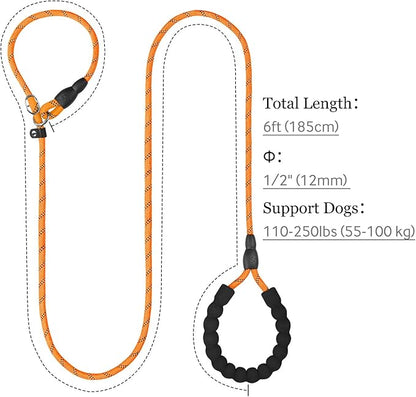 TagME 6ft Slip Dog Lead, No Pull Reflective Training Leash with Padded Handle, Professional Rope P-Leash for Small Medium Large Dogs, Heavy Duty Correction Lead for Walking & Training (Orange)