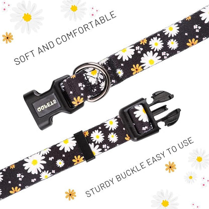 QQPETS Adjustable Soft Dog Collar: Print Flower Pink Multicolor Cute Patterns for XS Small Medium Large Pet Girl Boy Puppy Walking Running Training (M, White Daisy)