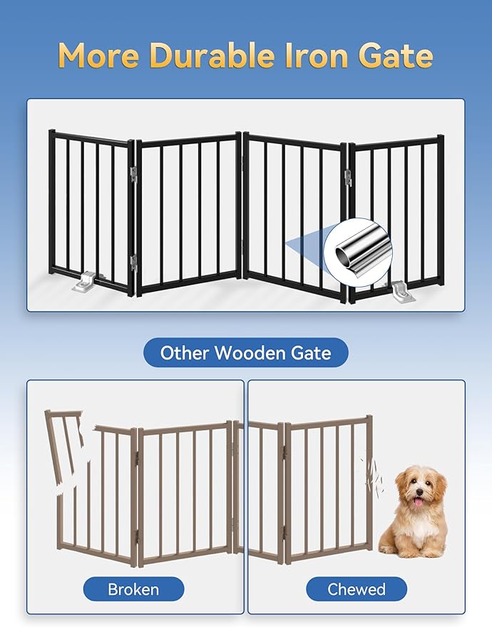 BFNN Metal Short Dog Gate, 16.5" High to Step-Over, Free Standing Foldable Pet Gate, Up to 72" Wide Puppy Fence for Stairs and Doorways, Indoor & Outdoor Use, No Drilling and No Assembly, Black