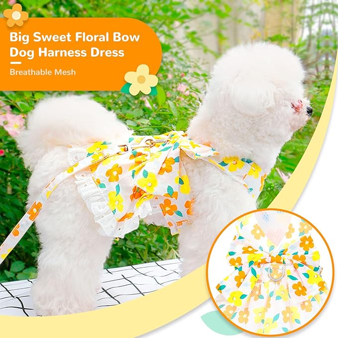 ABRRLO Dog Harness Dress Leash Set for Small Dog Summer Clothes Girl Female Puppy Cats Outfits Cute Floral Bowknot Princess Birthday Dress for Extra Small Pet Doggie Kitten Outfits Apparel(Yellow,M)
