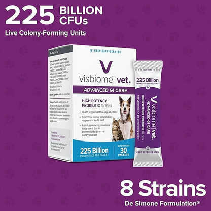 Visbiome® Vet Advanced GI Care High Potency Probiotic for Dogs & Cats – 225B CFU, 8-Strain Formula – Refrigerated, Veterinarian Recommended, Clean Label Certified – 30 Packets
