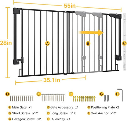 Cumbor 35.1–55" No Bottom Bar Baby Gate for Stairs, 2-in-1 Auto Close Dog Gate Indoor, Hardware Mounted Wide Pet Gate for Doorways with Large Walk Thru Door, Child-Proof Safety Gate for Kids (Black)
