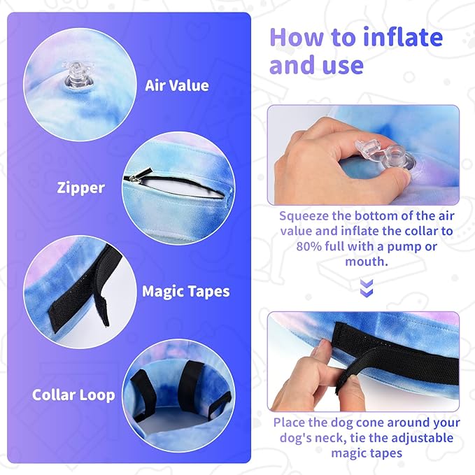 Dog Cone, Y-blue Cone Collar Inflatable Dog Neck Collar Recovery E-Collar Alternative, Cat Donut Collar After Surgery for Dogs and Cats(Purple Blue, M+)