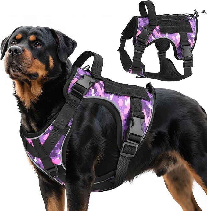 VavoPaw Heavy Duty Tactical Dog Harness for Large Dogs, No Pull Adjustable Pet Harness Reflective Service Training Easy Control Pet Vest Military K9 Working Dog Harnesses, Purple Camouflage, XL