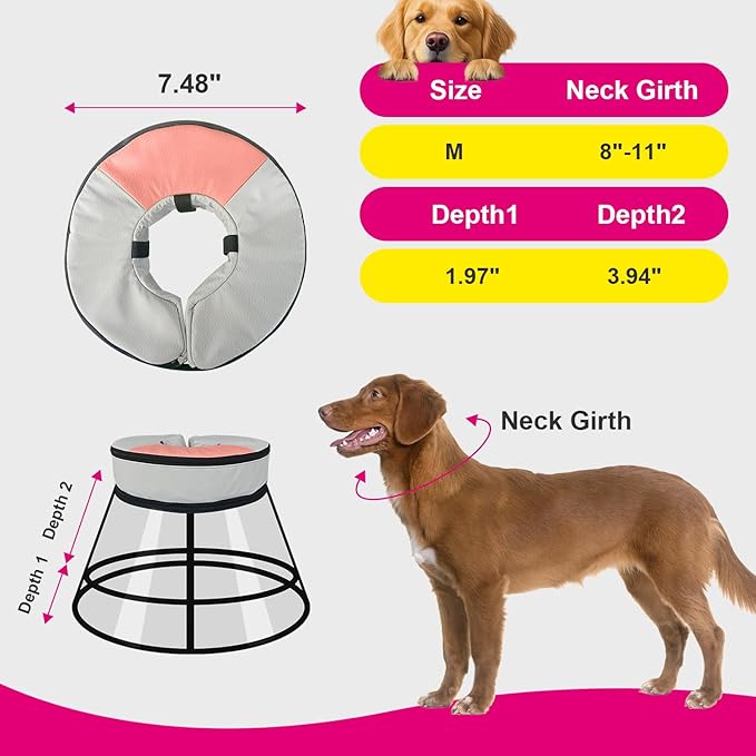 Sponge Core Dog Cat Cone Collar for After Surgery Recovery, Inflatable Dog Cone Alternative, Lainergie Dogs Donut Collar Adjustable with 2PCS Cover for Large Medium Small Dogs Cats (Grey+Pink, M)