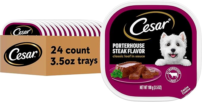 Cesar Classic Loaf in Sauce Adult Wet Dog Food Porterhouse Steak Flavor, Wet Food for Dogs, 3.5 oz Easy Peel Trays, 24 Count
