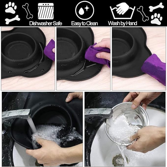 AsFrost Dog Food Bowls Stainless Steel & Water Dish with No-Spill and Non-Skid, Feeder Bowls with Dog Food Dish for Small Medium Large Size,Dogs,Cats,Puppy Pets, Black, 12oz