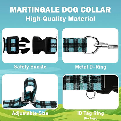 Martingale Collar for Dogs with Buckle No Pull Adjustable Nylon Limited Slip Training Dog Collars (Blue Plaid, Small)