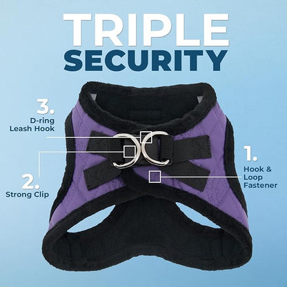 Best Pet Supplies - All Weather Plush, Reflective, No Pull Harness for Small, Medium Dogs, Cats - Secure with Hook & Loop Fastener, Buckle, Double D-Rings - Purple Faux Leather, L