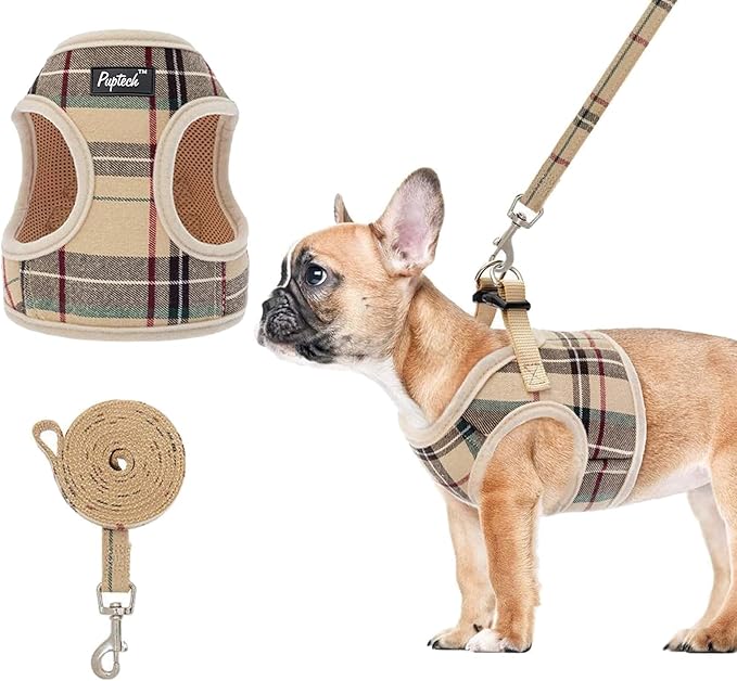 PUPTECK Soft Mesh Dog Harness and Leash Set Step-in Plaid Puppy Padded No Pull Vest Harness for XS Small Sized Dogs Cats Outdoor Walking, Beige S