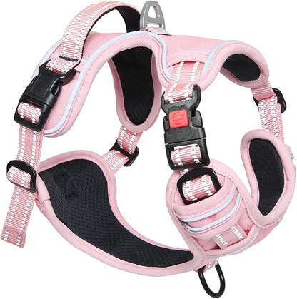 Timos Dog Harness Medium Sized, No Pull Pet Harness with Neck Lockable Snap,No Choke Front Clip Dog Reflective Vest,Adjustable Metal Rings 3 Buckles,Easy Control Handle for Medium Dogs Pink M