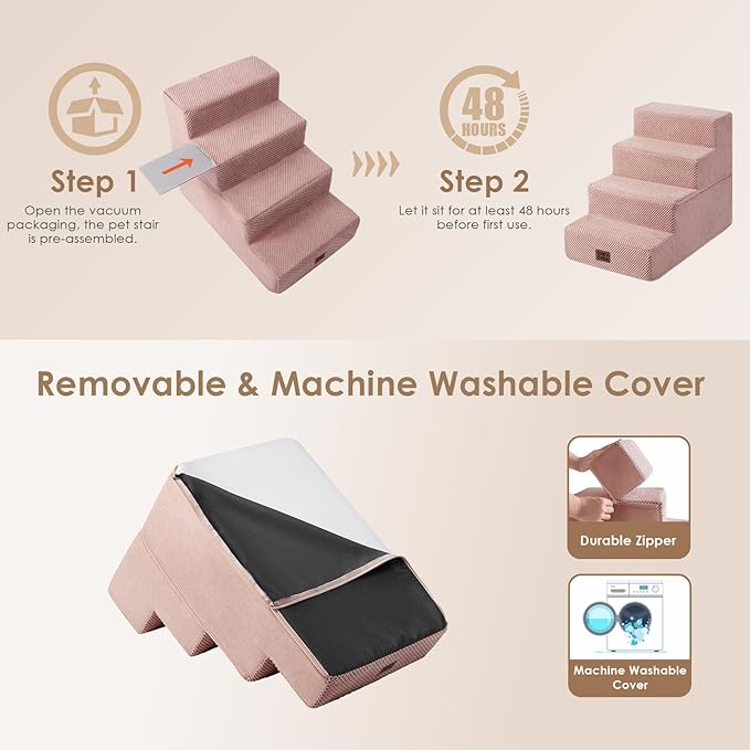 EHEYCIGA Dog Stairs for Small Dogs 13.5" H, 3-Step Dog Steps for Couch Sofa and Chair, Pet Steps for Medium Cats, Non-Slip Balanced Pet Ramp Indoor, Pink