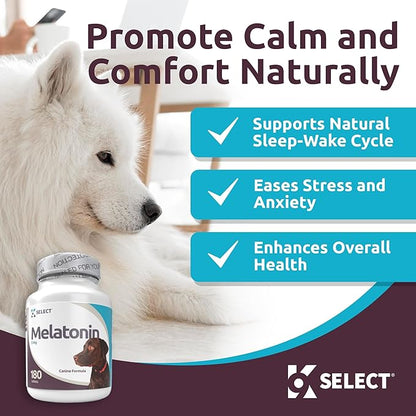 K9 Select Melatonin for Dogs - Calming Aid Tasty Dog Supplement - Helps Overall Health with Quiet Moments and Composure - Reduce Stress Calming Treats for Large Dogs - 5 mg, 180 Tablets