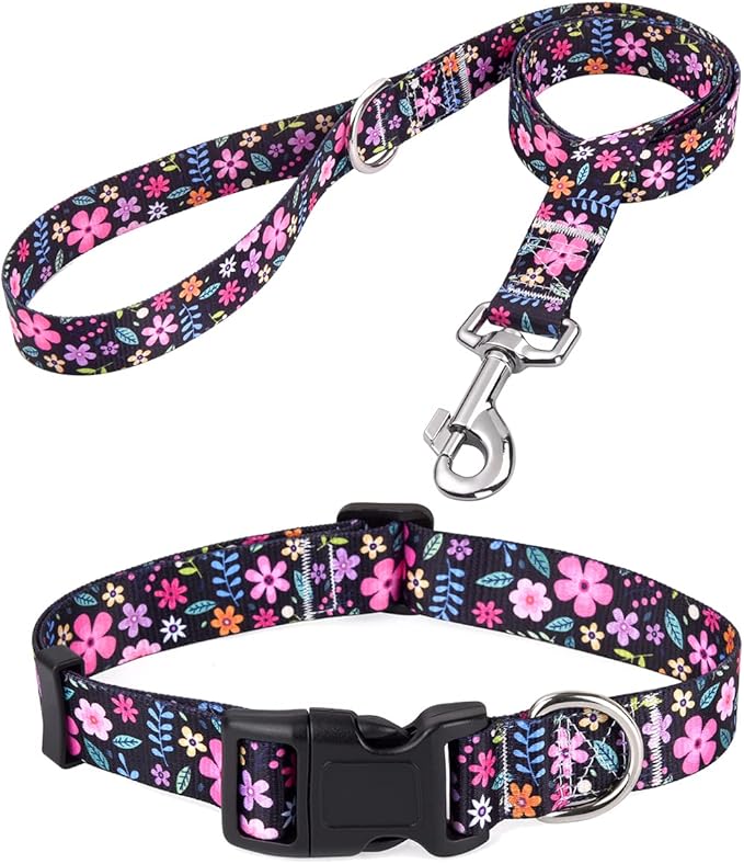 Mihqy Dog Collar and Leash Set with Bohemia Floral Tribal Geometric Patterns - Soft Ethnic Style Collar Adjustable for Small Medium Large Dogs(Floral Set,L)