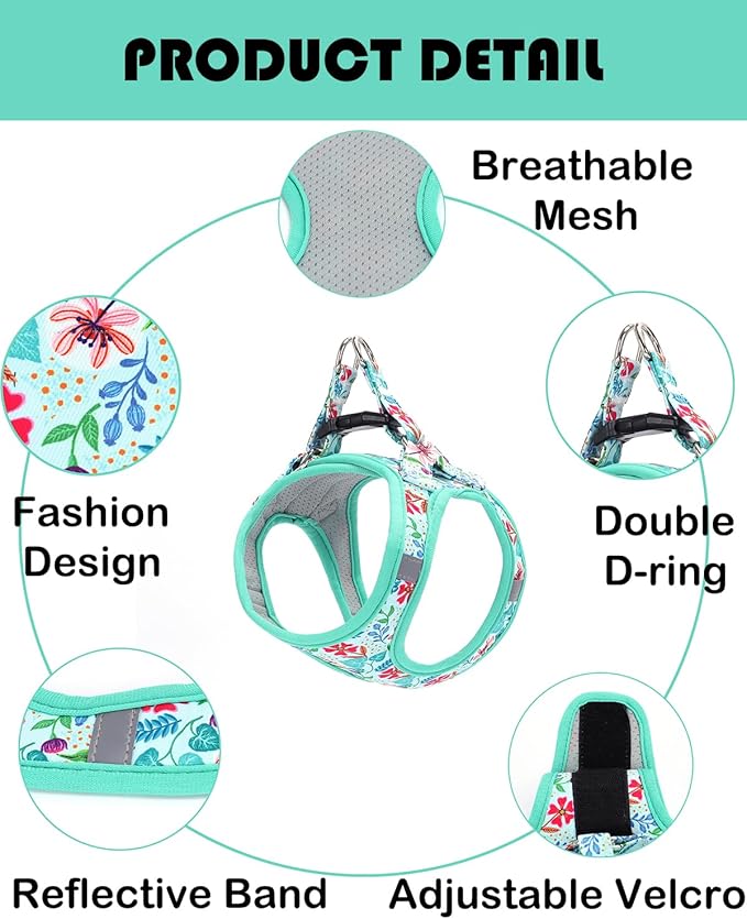 Moonpet Step in Dog Harness Leash Set- All Weather Reflective No-Pull Floral Pattern Padded Mesh Vest Harness for Cats Puppy Extra-Small Small Medium Large Dogs - Verdure Flower - M