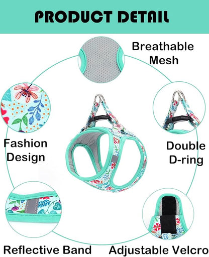 Moonpet Step in Dog Harness Leash Set- All Weather Reflective No-Pull Floral Pattern Padded Mesh Vest Harness for Cats Puppy Extra-Small Small Medium Large Dogs - Verdure Flower - XXS