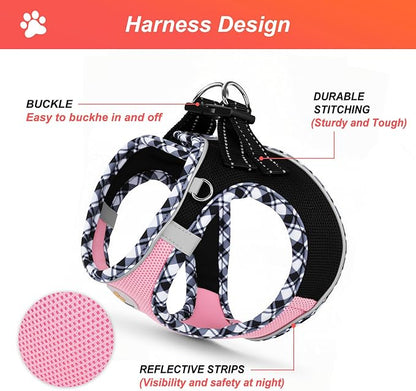 Hipubby Dog Harness Small Sized and Leash Set, No Pull Soft Mesh Puppy Vest, Reflective Breathable Lightweight Pet Harness, Harness for Small Medium Dogs and Cats - Black Pink, L