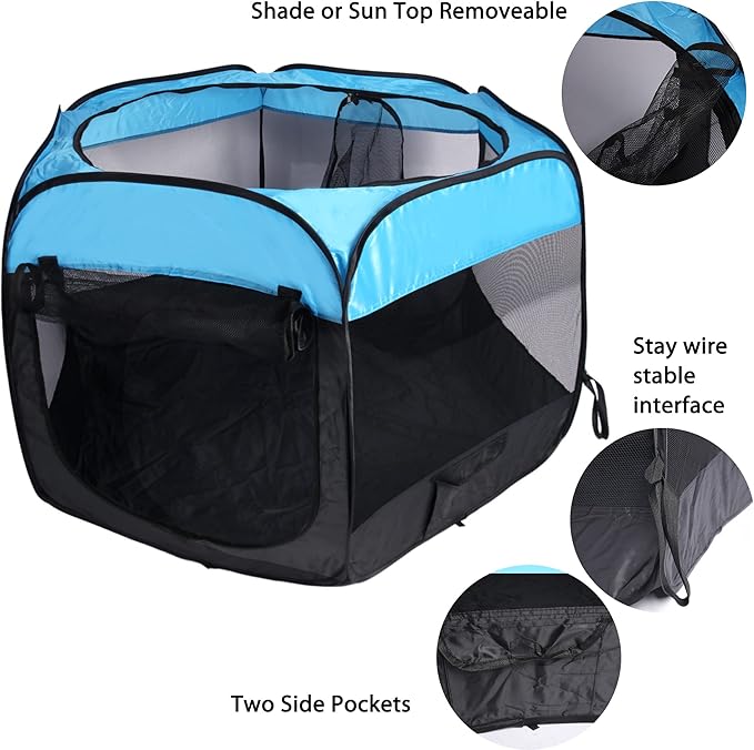 Portable Pet Playpen for Dogs and Cats,Pop Up Playpen for Small Middle Dogs Cats Pet Tent Playground,Indoor Outdoor,37x37x24,Blue/Black,1Pack