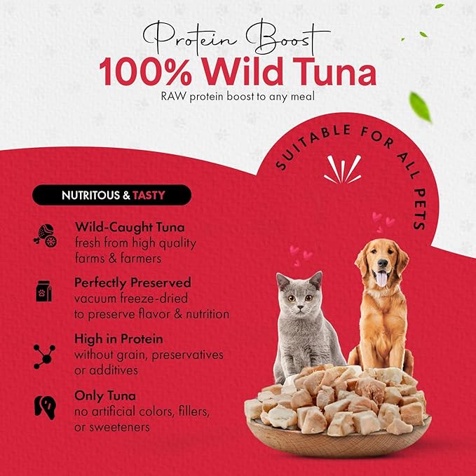 Tuna Cat Treats, 100% Wild Caught | Freeze Dried Dog Treats, High Protein | Grain-free, Single Ingredient Cat & Dog Food Toppers | No Additives or Preservatives | Inspected & Tested in USA | 1.7 oz