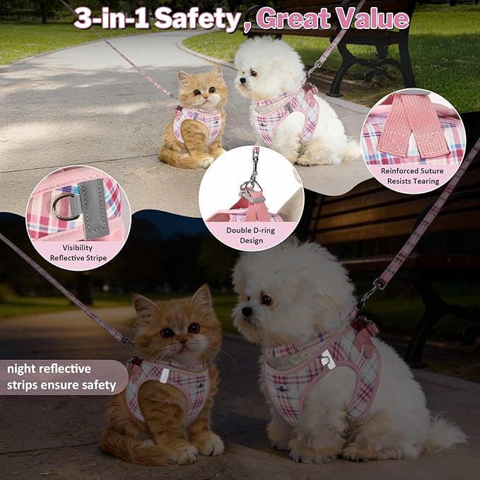 Gyuzh Dog Harness and Leash Set for Puppies - 3 Piece Step in No Pull Vest & Collar, Extra Small Kitten Harness, Breathable Reflective Plaid, Padded Leash (Pink, S)
