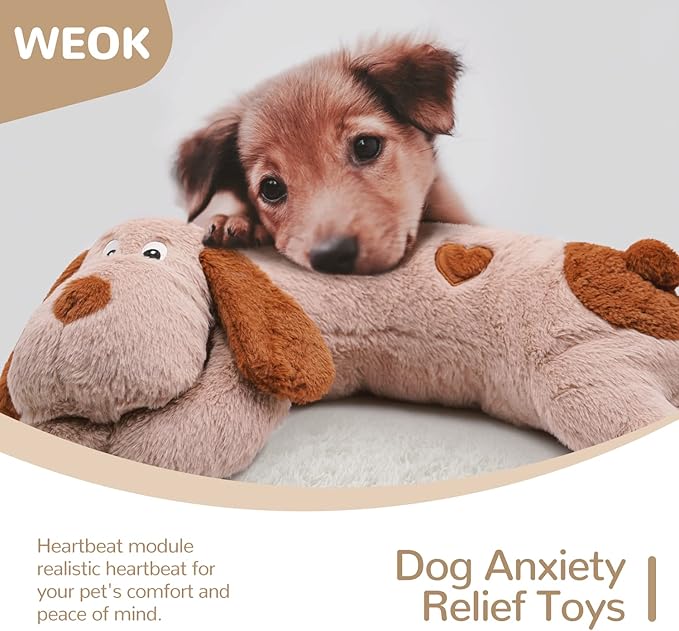 WEOK Puppy Heartbeat Toy, Dog Heartbeat Toy for Separation Anxiety Relief, Puppy Toy with Heartbeat Stuffed Animal Anxiety Calming Behavioral Aid Plush Toy for Dogs Cats Pets (Brown +)