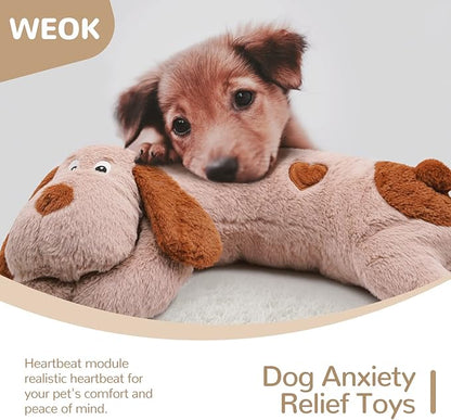 WEOK Puppy Heartbeat Toy, Dog Heartbeat Toy for Separation Anxiety Relief, Puppy Toy with Heartbeat Stuffed Animal Anxiety Calming Behavioral Aid Plush Toy for Dogs Cats Pets (Brown +)