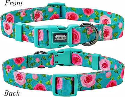 Dog Collar and Leash Set, Rose Pattern, Polyester Material, 5ft Matching Leash, for Large Dogs.(L, Green Rose Set)
