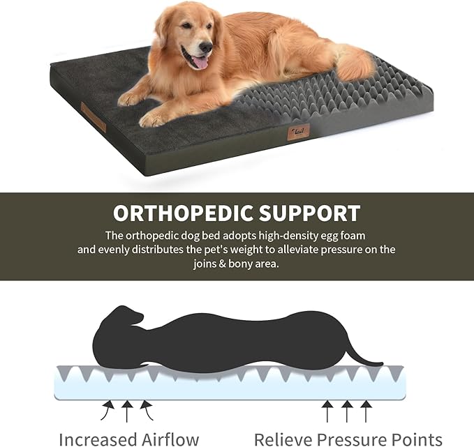 Plush Dog Bed for Medium Dogs, Waterproof Dog Crate Mat Orthopedic Egg Crate Foam Pet Bed with Washable Removable Oxford Cover, Coffee
