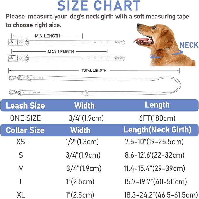 ZALER Dog Collar and Leash Set, Waterproof Adjustable Odor Proof Pet Collars Leashes Easy to Clean, 6FT Dog Leash with 2 Hooks for Large, Medium Small Dogs (XS, Blue)