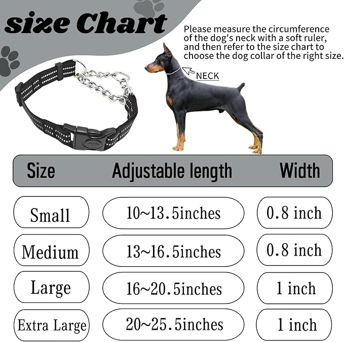 Martingale Dog Collars, Reflective Nylon Collar with Stainless Steel Chain, Adjustable Walking Training Dog Collars with Quick Release Buckle, Suitable for Small Medium Large Dogs(Black,L)