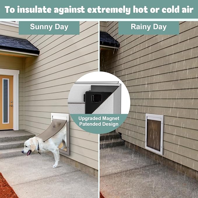 Durable Aluminum Doggy Door - Medium, White, Easy to Install for Middle Dogs & Pets (Adjustable Thickness, M)