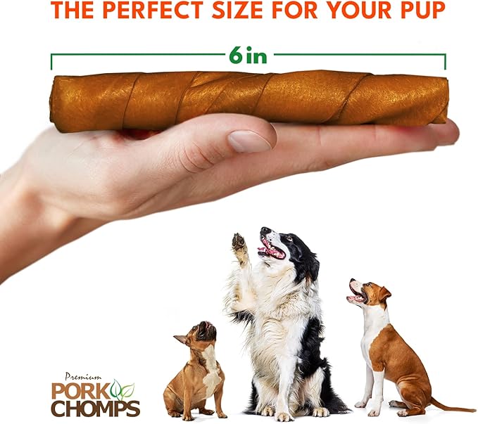 Pork Chomps Roasted Pork Skin Dog Chews, 6 Inch Twists, 4 Count - Long-Lasting Treats for Dogs - High Protein, Rawhide-Free, Low Fat, Healthy & Delicious Chews