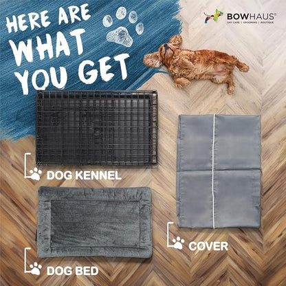 BOWHAUS 30-Inch Single Door Dog Crate Kit Includes Crate Cover and Soft Dog Bed, Indoor Dog Cage with Leak-Proof Pan, Foldable Wire Metal Dog Kennel for Small, Medium Dog