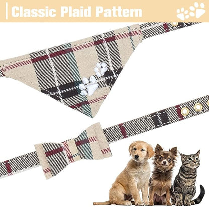 EXPAWLORER Dog Collar and Leash Set - Plaid Dog Collar with Pawprints and Bow Tie, Cat-Friendly, Beige S-M