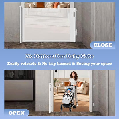 Retractable Baby Gate for Stairs Doorways - Extra Wide 55" No-Drill Pressure Mount OR Screw Mount, Space Saving Mesh Gate with No Bottom Bar Trip Hazard, for Indoor Outdoor Use with Kids, Dogs & Cats