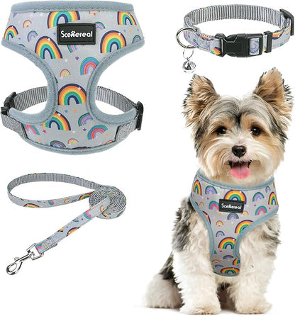 SCENEREAL Small Dog Harness Collar and Leash Set, Adjustable No Pull Pet Harnesses, No Chock Soft Mesh Vest for Doggie Puppy Medium Dogs Cats Girl or Boy,Chihuahua, Yorkie, Outdoor Walking