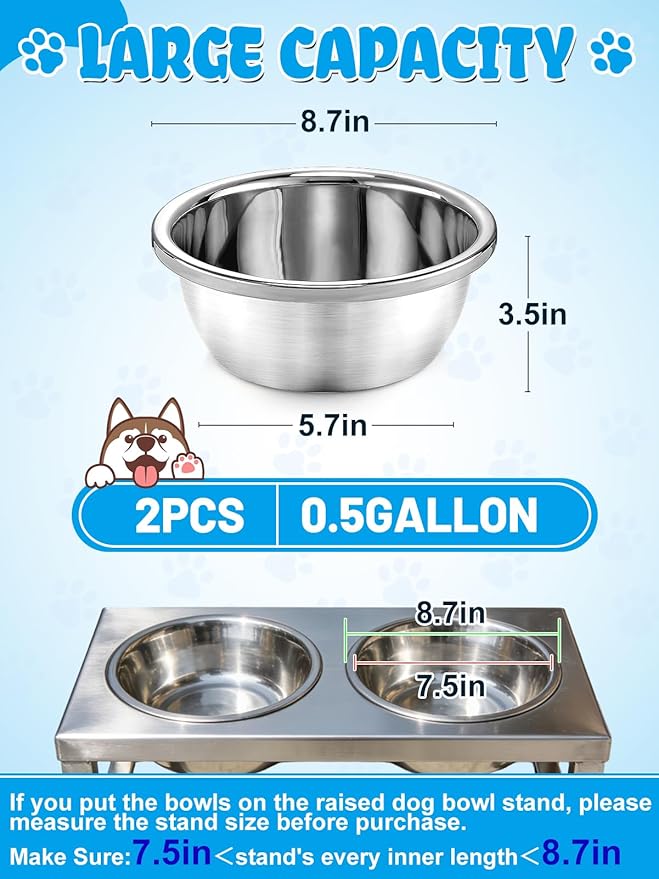 2 Pcs 0.5 Gallon Dog Bowls for Small Dogs - Food Grade Stainless Steel Metal Water Bowl, Easy to Clean Food Bowls for Indoor Outdoor