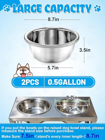 2 Pcs 0.5 Gallon Dog Bowls for Small Dogs - Food Grade Stainless Steel Metal Water Bowl, Easy to Clean Food Bowls for Indoor Outdoor