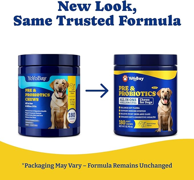 Probiotics for Dogs - Dog Probiotics for Digestive Health, Yeast, Itchy Skin, Gut Health, Immune & Skin - 6 Billion CFUs, 180 Soft Chews, Duck & Pear Flavor - with Prebiotics & Digestive Enzymes
