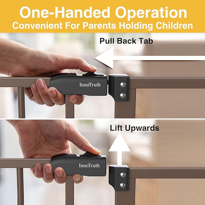 InnoTruth 29.5–49.75" Extra Wide Baby Gate for Stairs, 28" Tall Walk Through Dog Gate for Stairs & Doorways, Pressure-Mounted Safety Gate for Pets & Kids, Dual Lock & 2-Way Swing, Brown