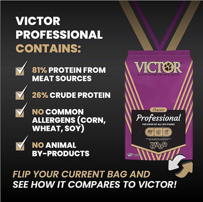 VICTOR Super Premium Dog Food – Professional Dry Dog Food – Super Premium Kibble with 26% Protein – Gluten-Free with Beef, Chicken & Pork Meals – for High Energy and Active Dogs & Puppies, 15lbs
