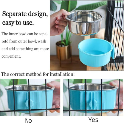 kathson Crate Dog Bowl, Removable Stainless Steel Hanging Pet Cage Bowl Food & Water Feeder Coop Cup for Cat, Puppy, Birds, Rats, Guinea Pigs (3 PCS, Size: L, Blue, Green, Pink)