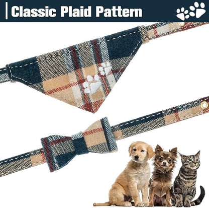 EXPAWLORER Puppy Collar and Leash Set - Embroidered Pawprints Plaid With Bow Tie, Bandana, and Bell for Dogs Cats Outdoor Walking, Khaki XS