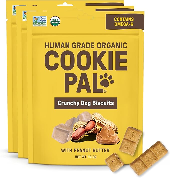 CookiePal Dog Treats, Crunchy Peanut Butter Puppy Training Treats, Human Grade USDA Organic, Natural Dog Biscuits, 10oz (Pk of 3)