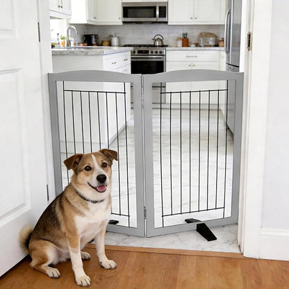ZJSF Freestanding Dog Fence Indoor, Foldable Dog Gate for Doorways, Stairs or Hallways, Sturdy Wood Extra Wide Pet Gate with Support Feet for The House, Grey, 32 "Height-2 Panels